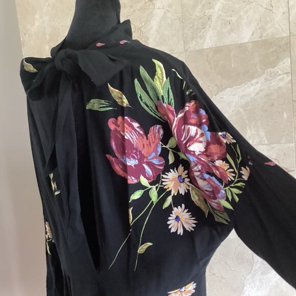 Free People Gemma Black Floral Mini Dress Large Dolman Mock Neck Tunic Fall $108 - Picture 11 of 15